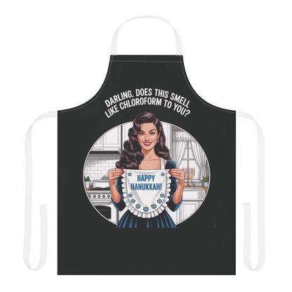 Black apron with a graphic of a woman holding a Hanukkah menorah and text on a white background
