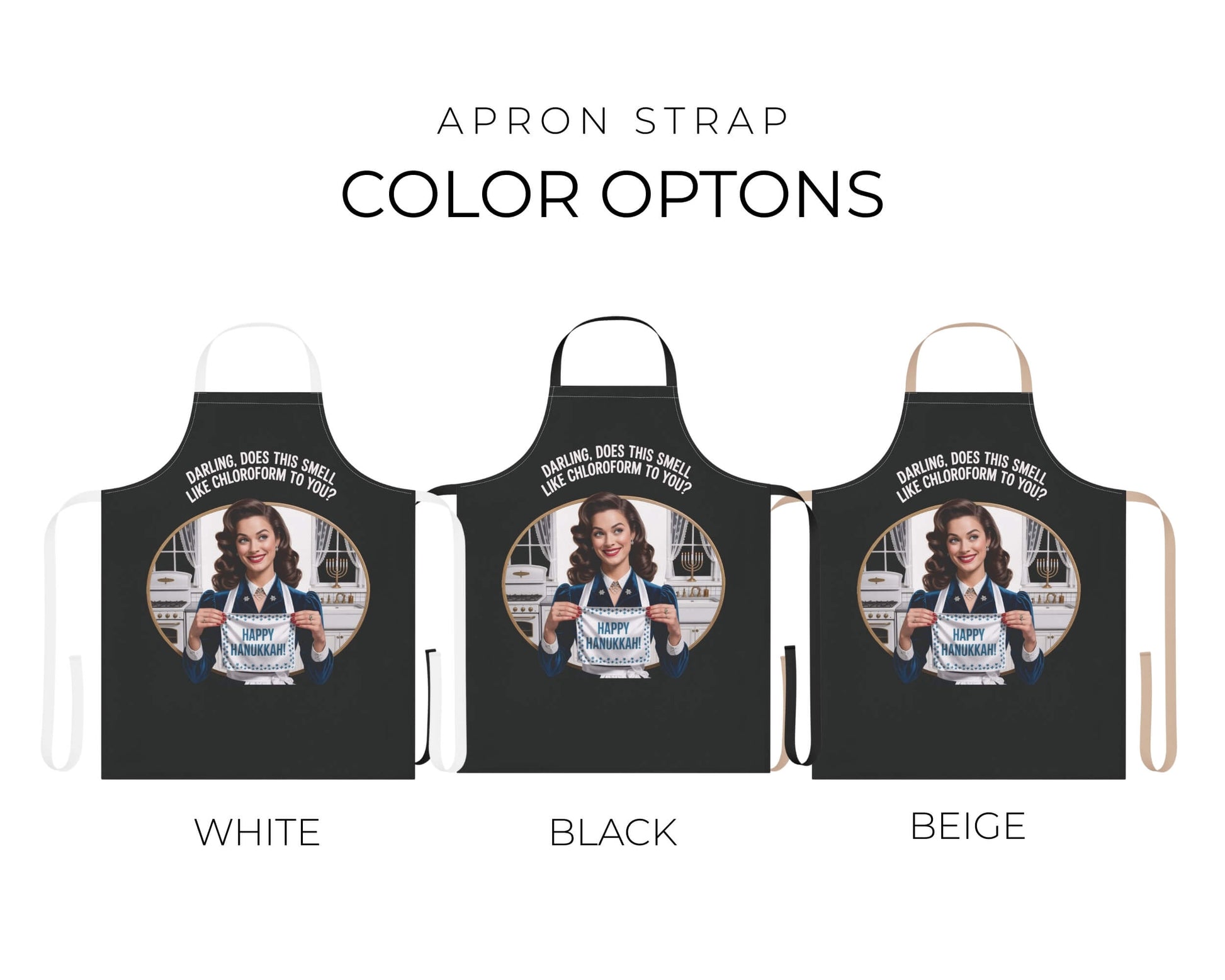 Three aprons with different strap colors displayed on a white background.