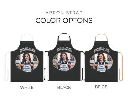 Three aprons with different strap colors displayed on a white background.