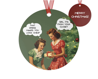Vintage-style Christmas ornament with two women and text bubbles, surrounded by Christmas tree and ornaments.