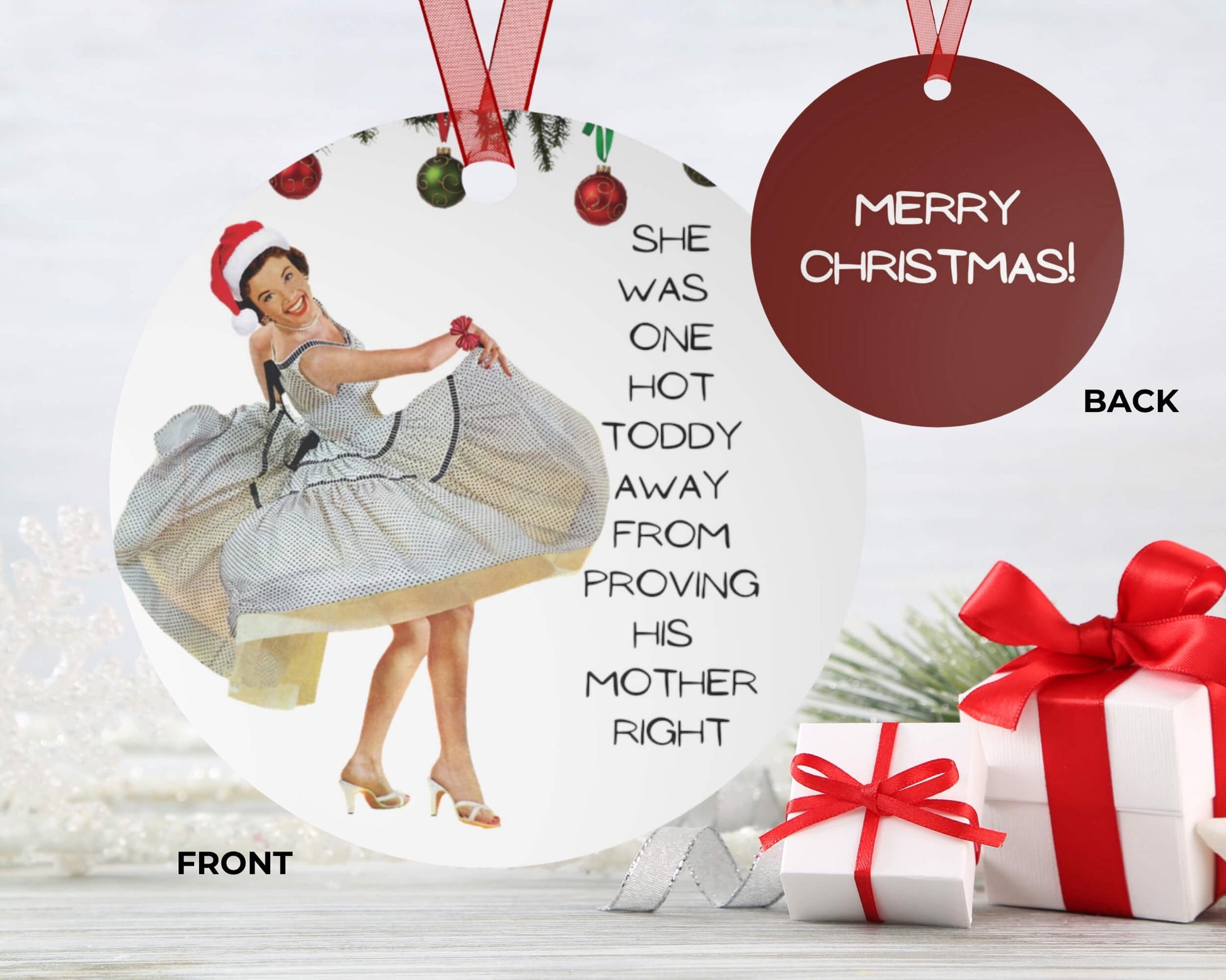 Christmas ornament with vintage-style illustration and text, surrounded by presents on a white background.