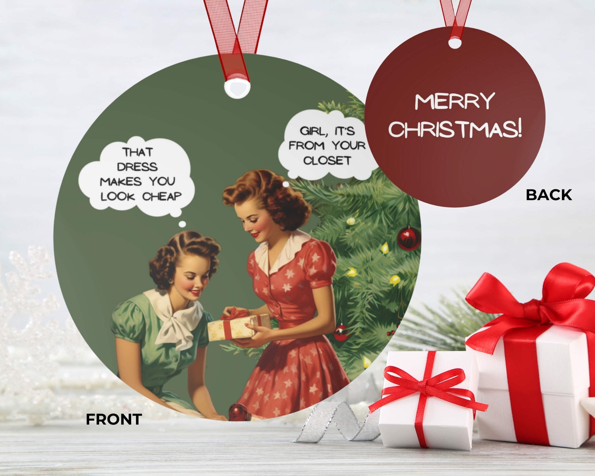 Double-sided Christmas ornament with vintage illustration and text, featuring two women and Christmas elements.