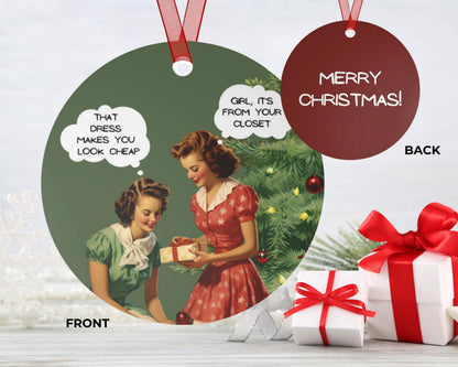 Double-sided Christmas ornament with vintage illustration and text, featuring two women and Christmas elements.