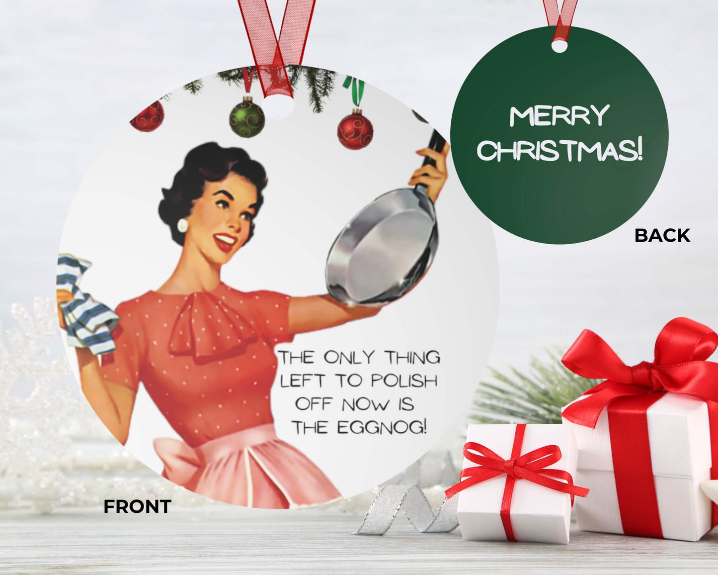 Christmas ornament with vintage-style illustration of a woman and text, surrounded by Christmas presents.