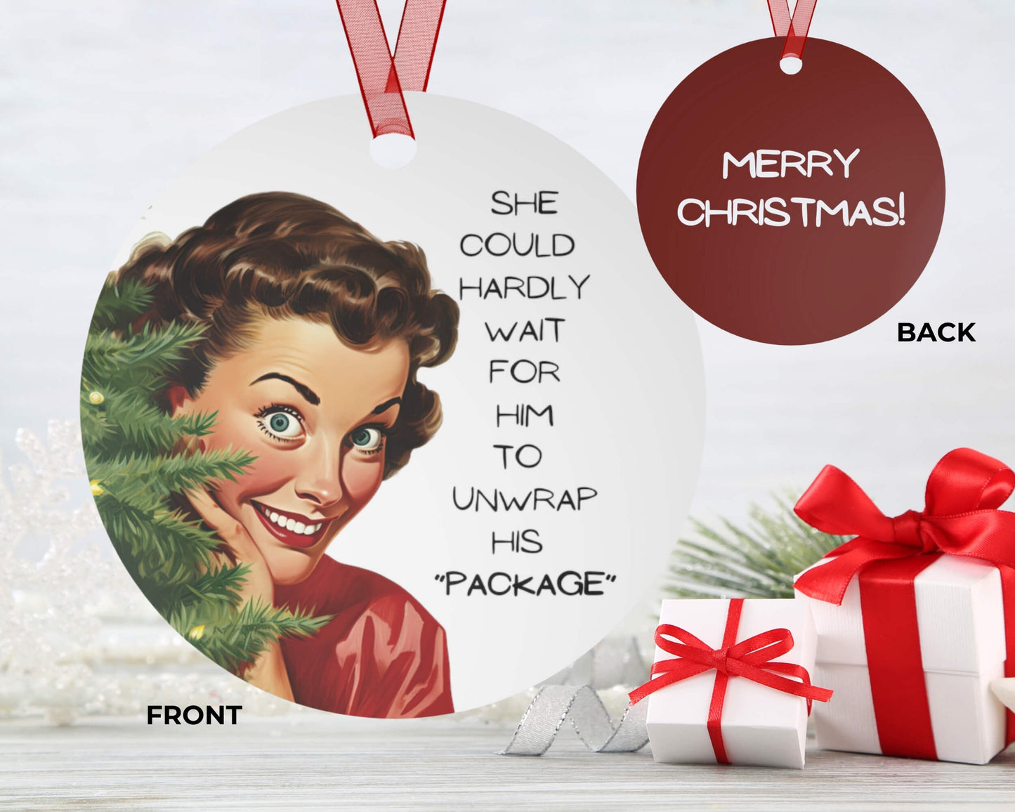 Christmas ornament with vintage-style illustration of a woman and text, surrounded by presents.