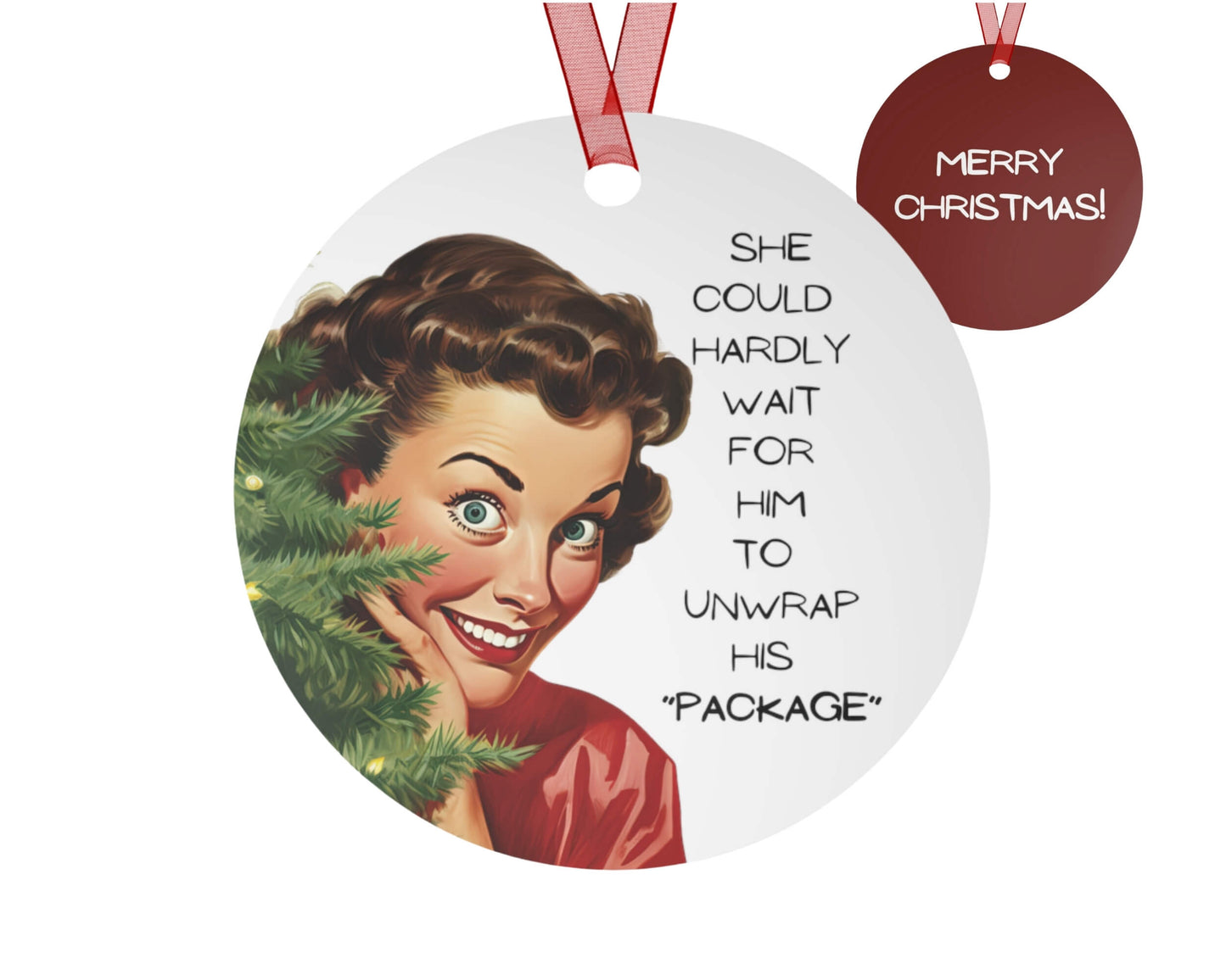 Funny adult humor Christmas ornament unwrap his package joke