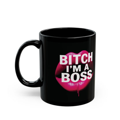 Black mug with pink lips and text 'Bitch I'm a Boss' on a white background