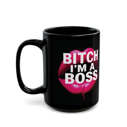 Black mug with pink lips and text 'BITCH I'M A BOSS' on a white background