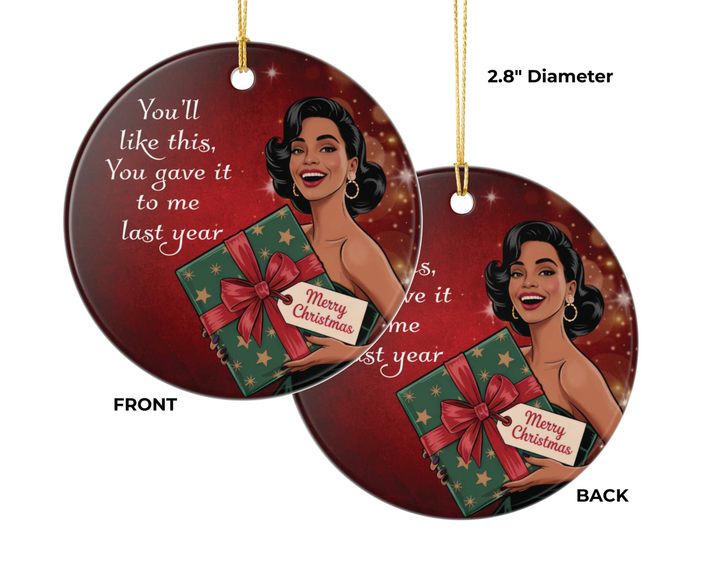Circular Christmas ornament with vintage-style illustration of a woman holding a gift and text, shown from front and back.