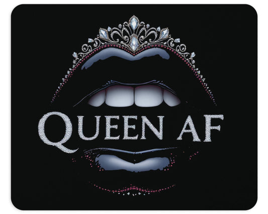 Mouse pad with lips and tiara design featuring 'Queen AF' text on a black background