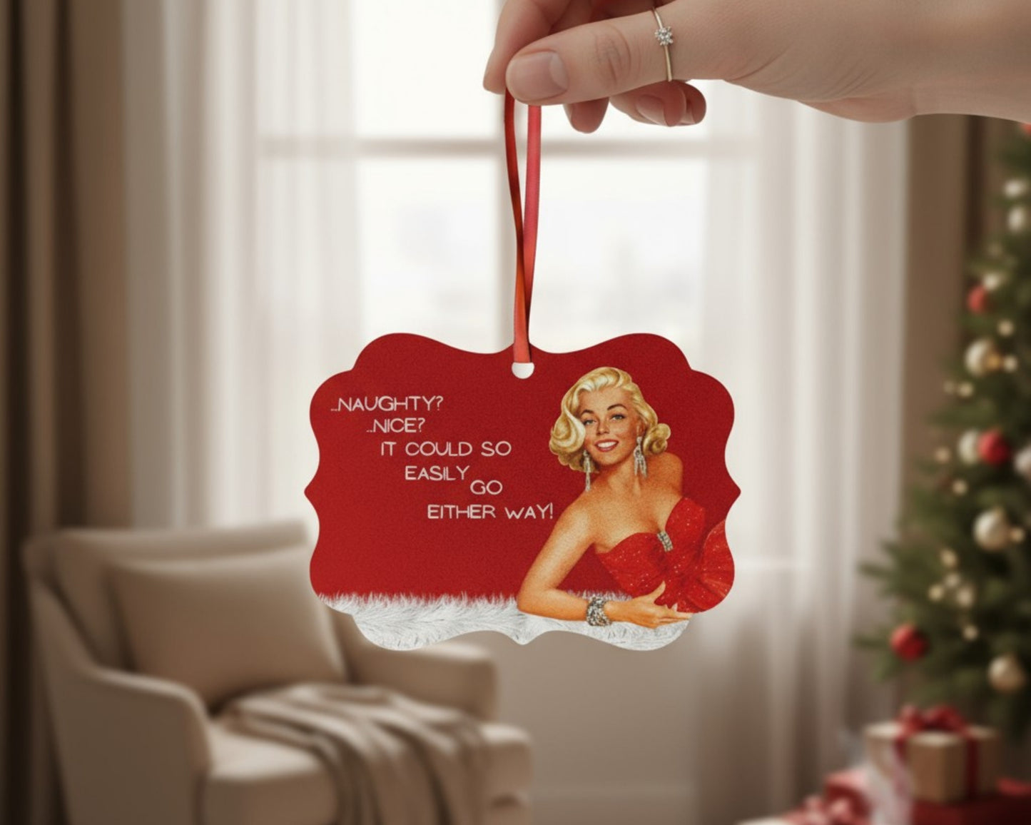 Naughty or Nice? Who Cares. | Snarky Christmas Ornament | Bold AF Holiday Decor | Funny Retro-Inspired Ornament