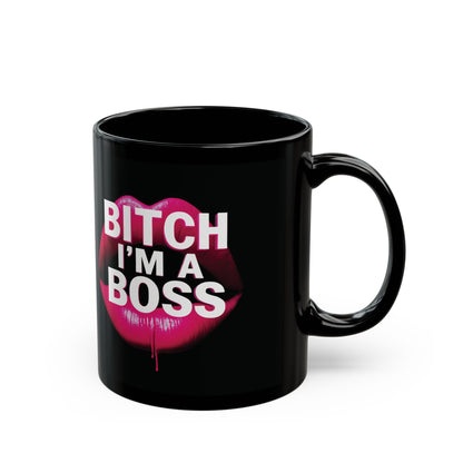 Black mug with a graphic design and text on a white background