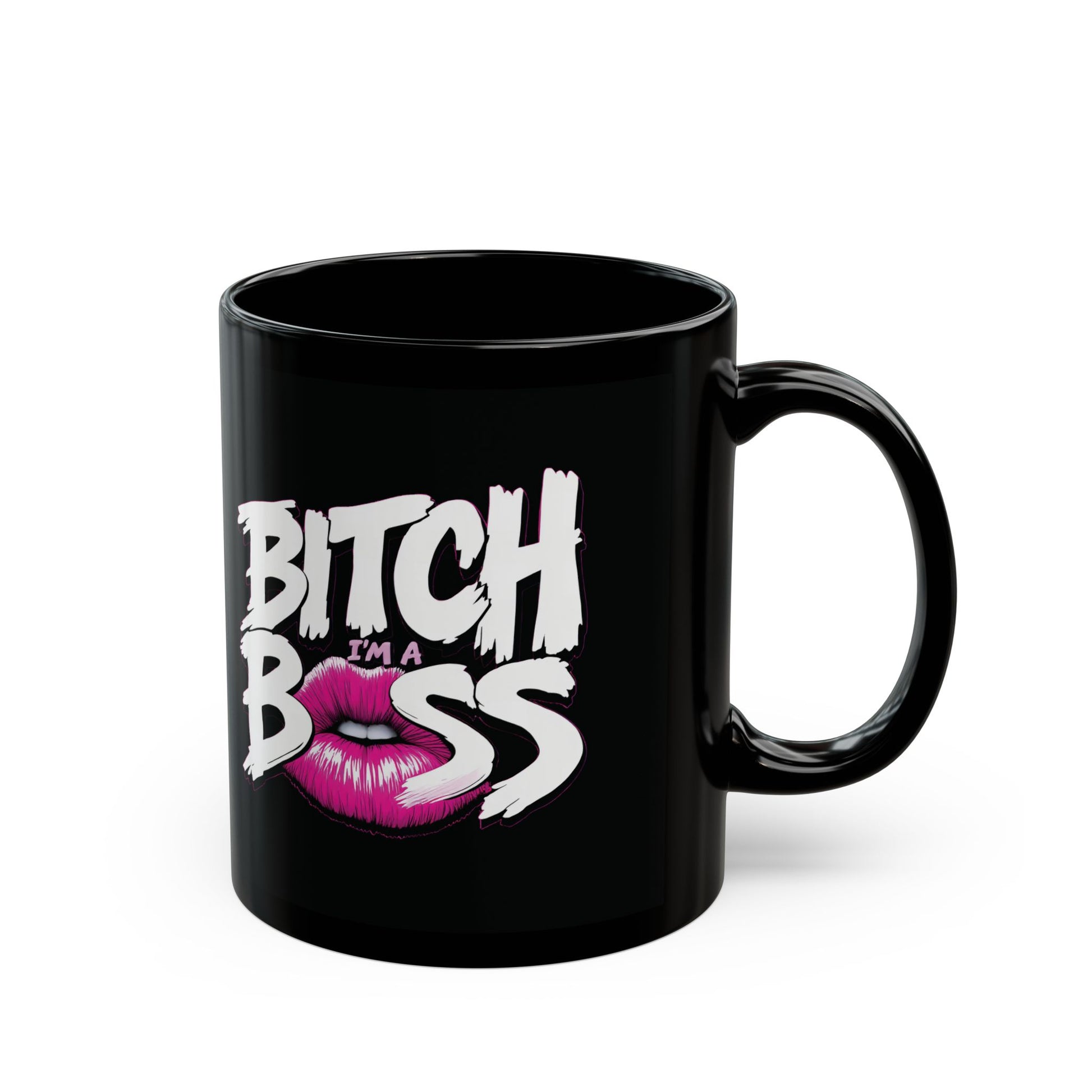Black mug with 'Bitch I'm a Boss' text and pink lips graphic on a white background