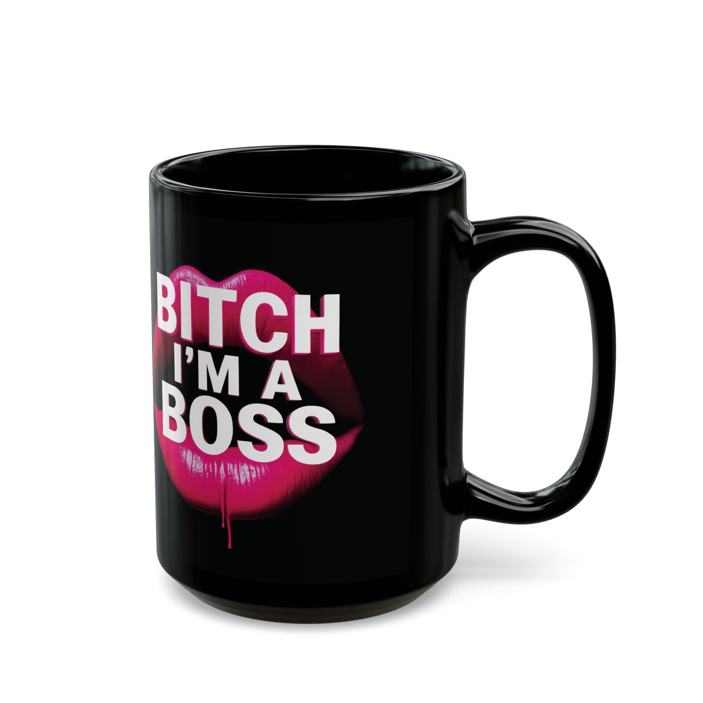 Black mug with pink lips and text 'Bitch I'm a Boss' on a white background