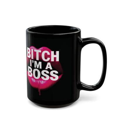 Black mug with pink lips and text 'Bitch I'm a Boss' on a white background