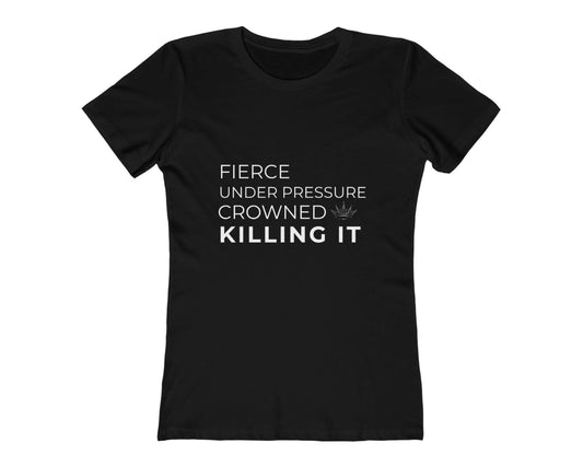 Black t-shirt with white text on a white background