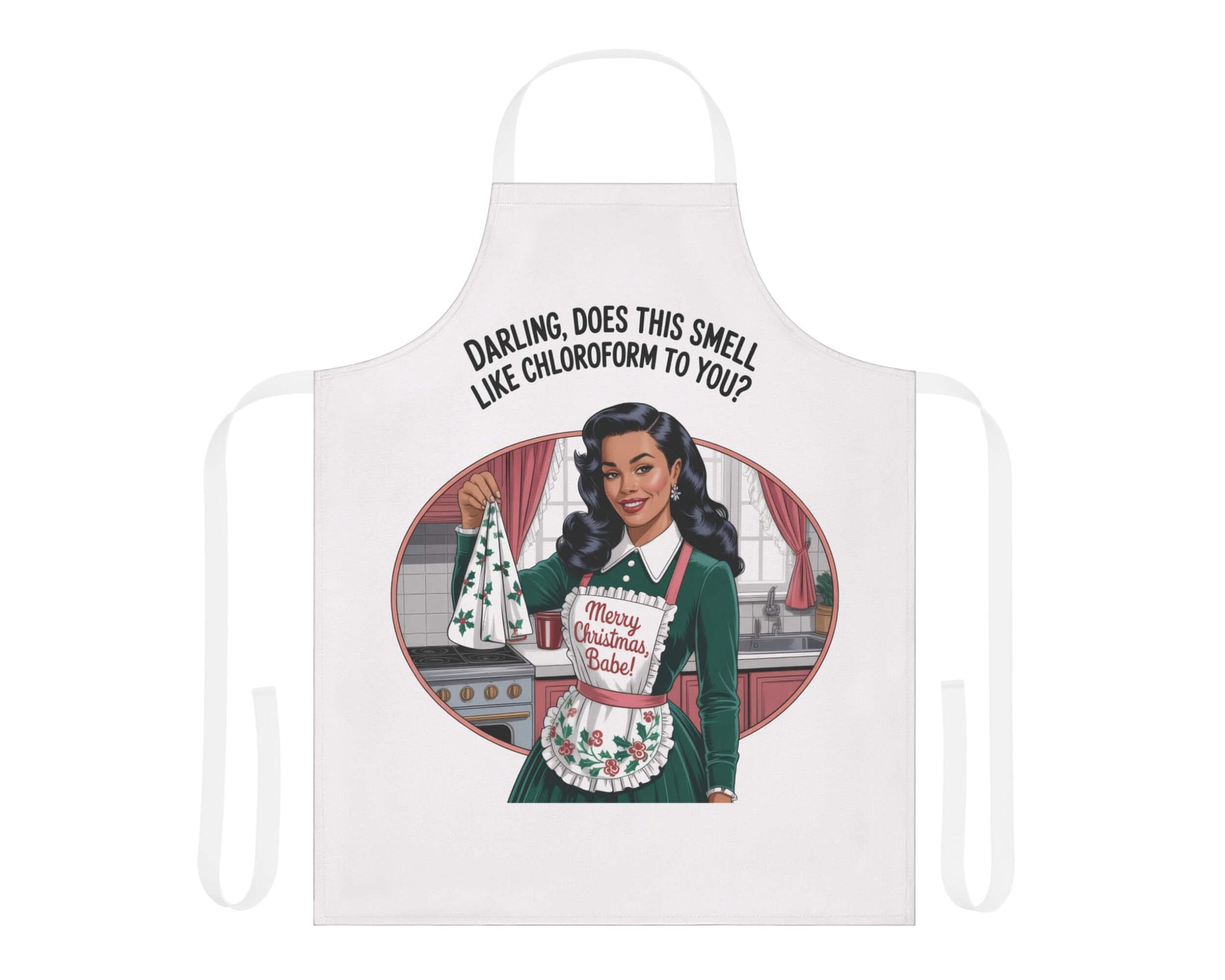 White apron with a graphic design of a woman in a Christmas-themed outfit and text on a white background.