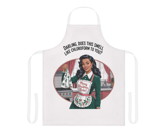 White apron with a graphic design of a woman in a Christmas-themed outfit and text on a white background.