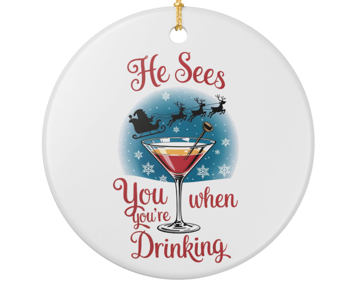 Round Christmas ornament with a cocktail graphic and text on a white background