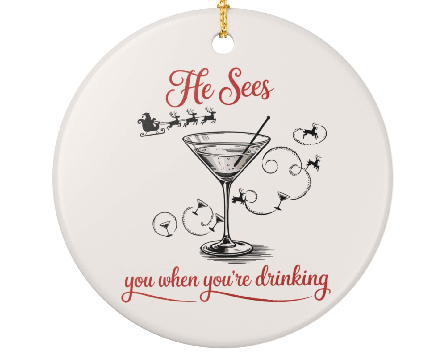 Round ceramic ornament with a martini glass design and text on a white background