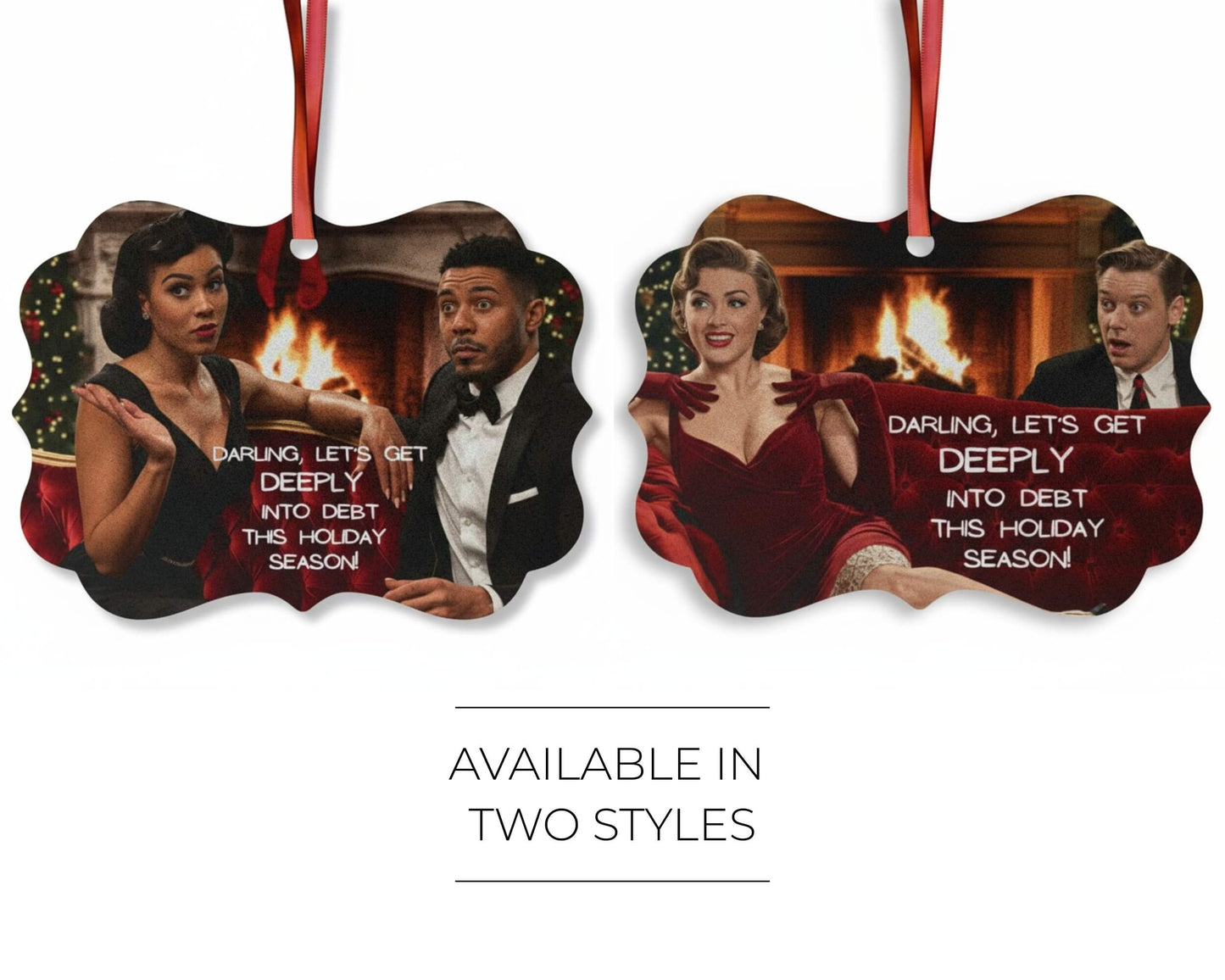 Two Christmas ornaments with people and text on a white background