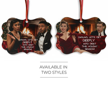 Two Christmas ornaments with people and text on a white background