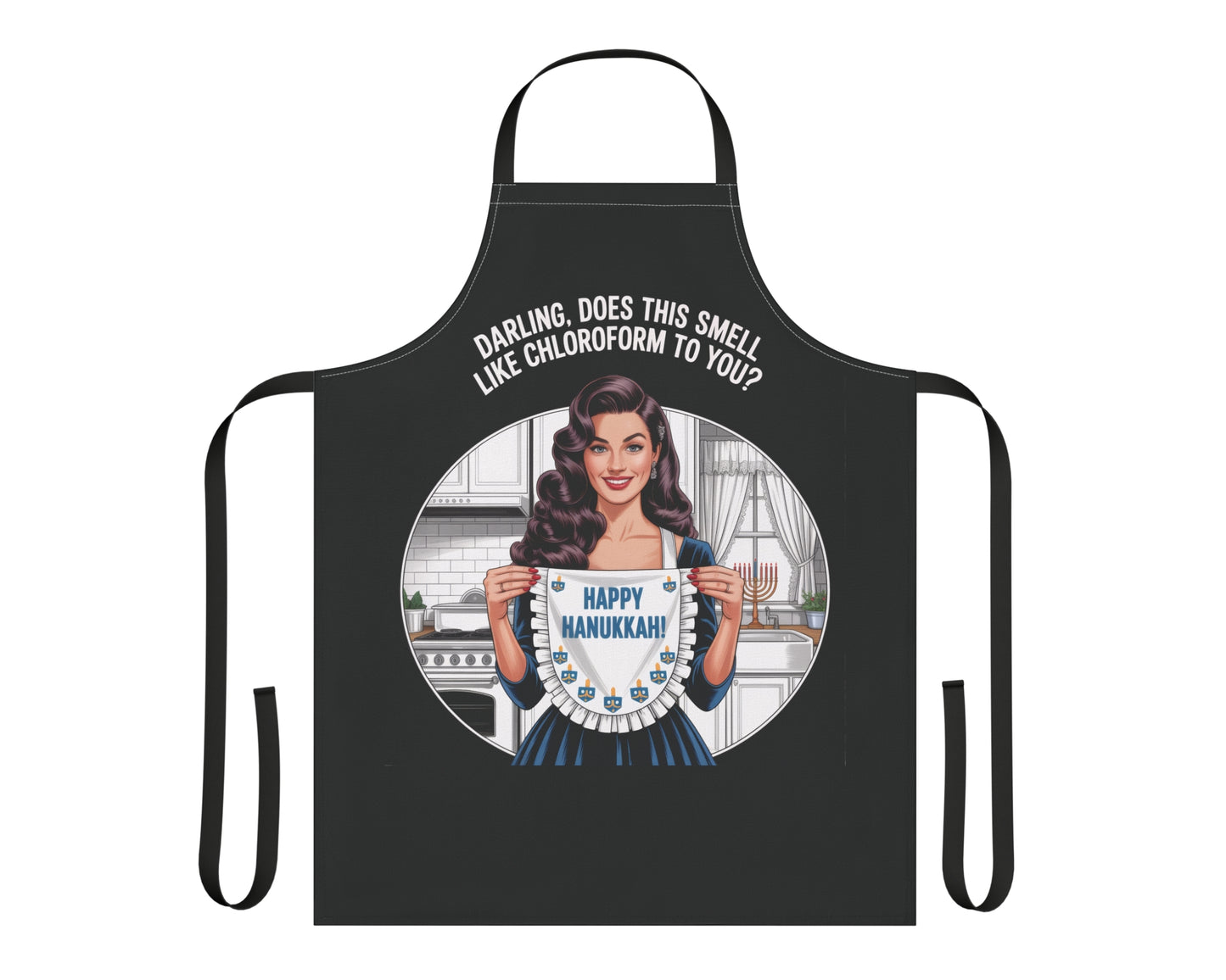 Happy Hanukkah Retro Pin-Up Apron | Vintage Hanukkah Kitchen Décor | Cheeky Holiday Hostess Gift (Black or White Apron)