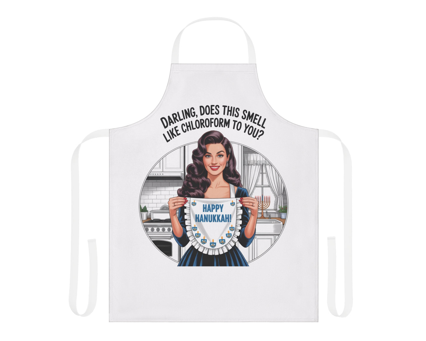 Happy Hanukkah Retro Pin-Up Apron | Vintage Hanukkah Kitchen Décor | Cheeky Holiday Hostess Gift (Black or White Apron)