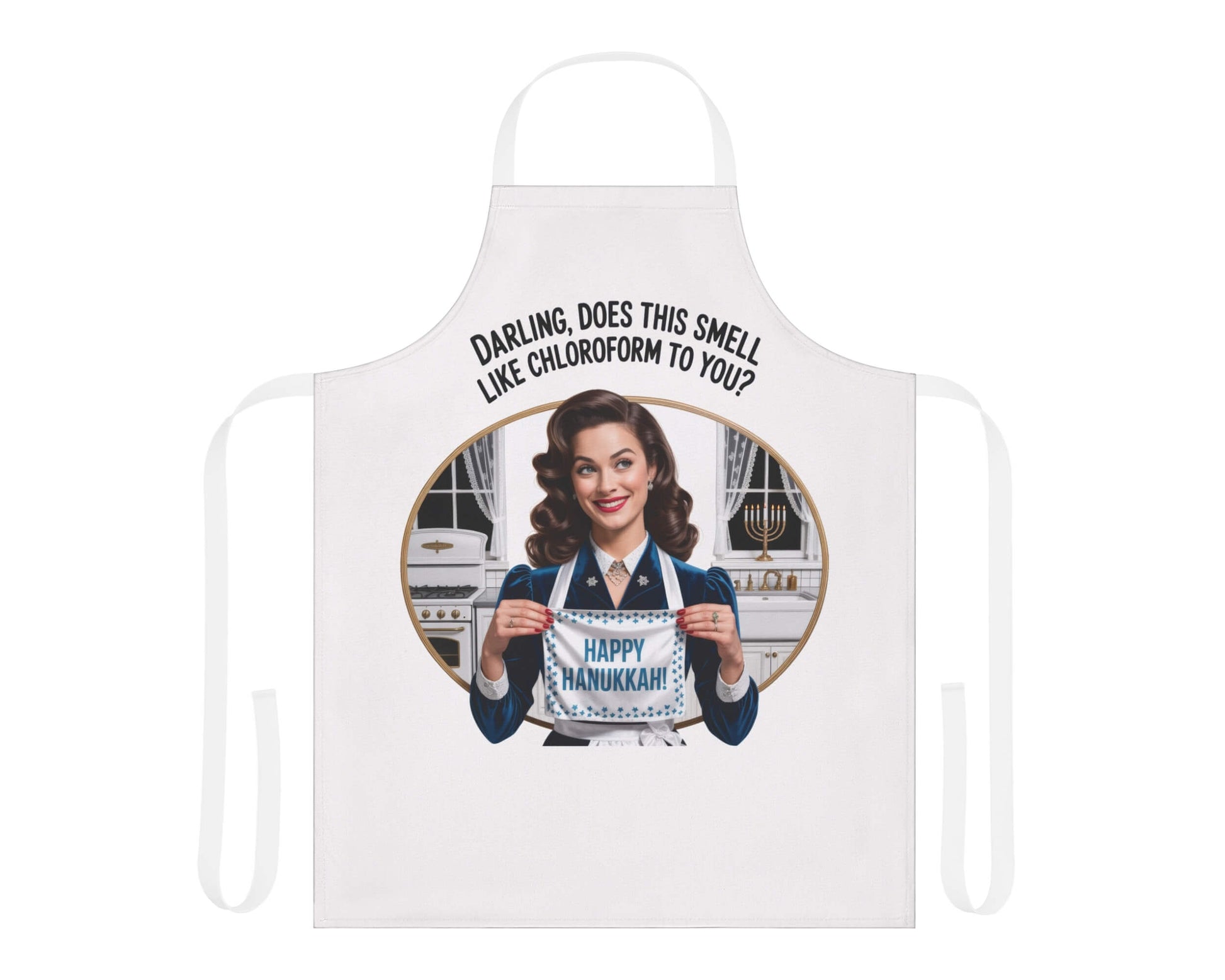 Apron with a graphic of a woman in a blue dress and text, on a white background