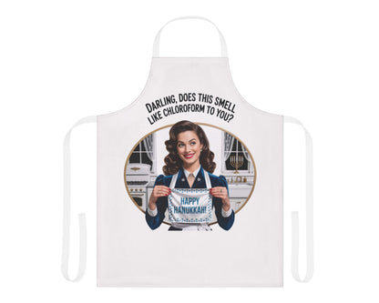 Apron with a graphic of a woman in a blue dress and text, on a white background