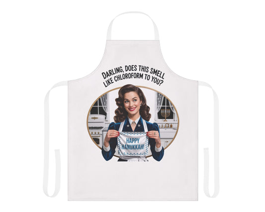 Apron with a graphic of a woman in a blue dress and text, on a white background