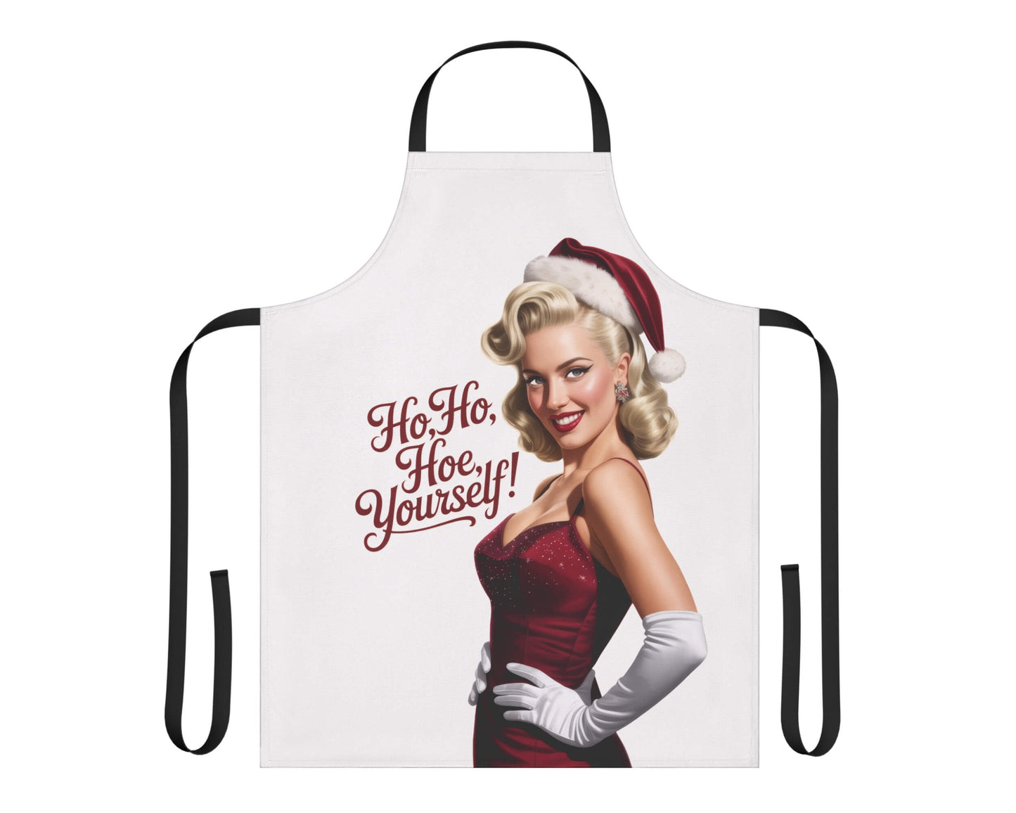 Funny retro Christmas apron blonde pin-up girl Ho Ho Hoe Yourself white